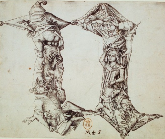 Maître E.S., alphabet, lettre N, burin, vers 1466, BnF. 
