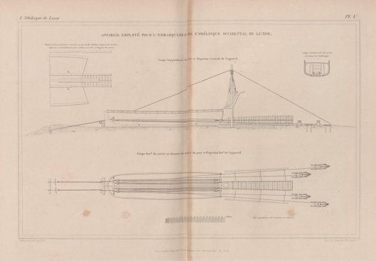 Planche extraite de L'obélisque de Luxor histoire de sa translation à Paris, description des travaux auxquels il a donné lieu, par A. Lebas, 1839