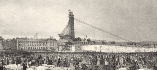 F. Bohommé, Erection de l'Obélisque de Louqsor sur la place de la Concorde à Paris. 25 Octobre 1836 à 3 heures, lithographie, BnF/Gallica. Le drapeau a été planté : la foule est en liesse