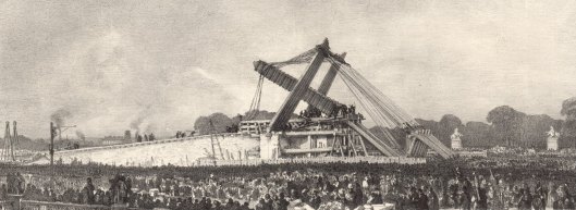 F. Bonhomme,  Erection de l'Obélisque de Louqsor  sur la place de la Concorde, à Paris 25 octobre 1836, à midi, lithographie, BnF/Gallica