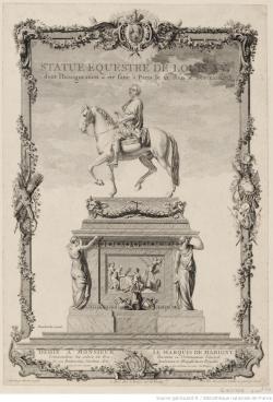 Statue équestre de Louis XV, gravure par Cathelin d'après Moreau, 1767, Gallica/BnF