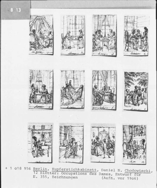 Vue microfilm des dessins préparatoires de D. Chodowiecki pour Occupation des Dames, Kupferstichkabinett du Staatliche Museen zu Berlin.